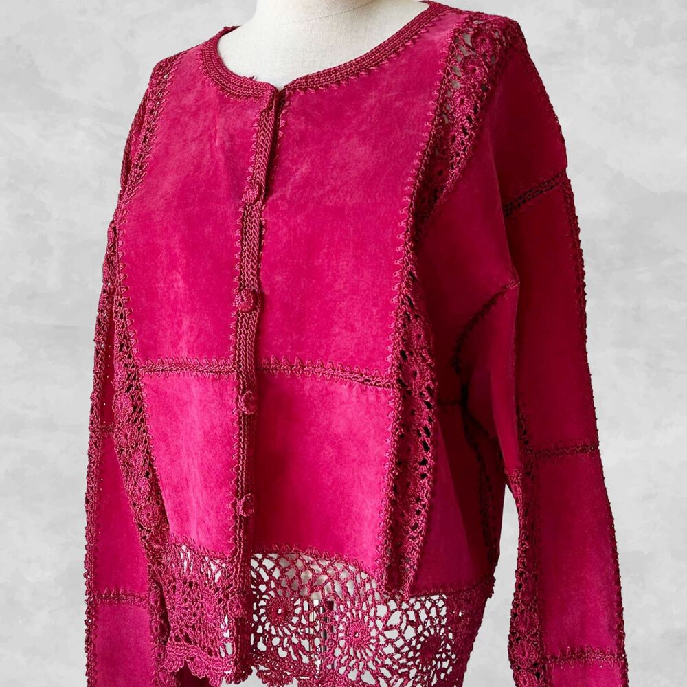Vintage Red Suede Leather Crochet Sweater Jacket Women's XL SMH Boutique